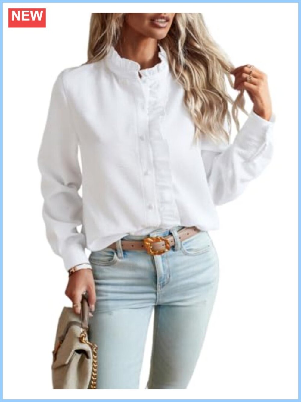 Womens Ruffle Stand Collar Button Down Striped Long Sleeve Work Blouse